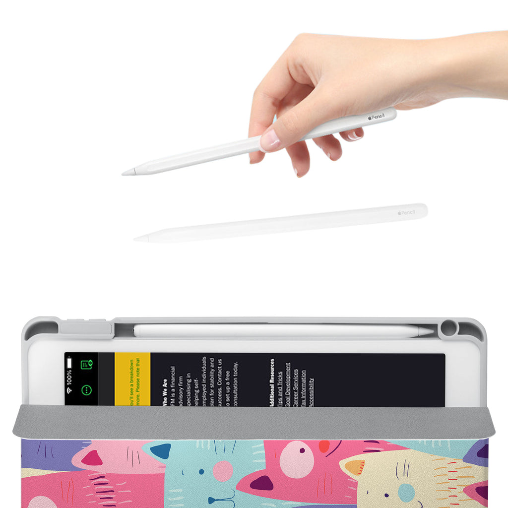 Vista Case iPad Premium Case with Cat Kitty Design has an integrated holder for Apple Pencil so you never have to leave your extra tech behind. - swap