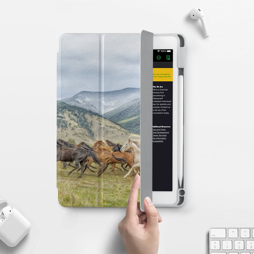 Vista Case iPad Premium Case with Horse Design has built-in magnets are strategically placed to put your tablet to sleep when not in use and wake it up automatically when you need it for an extended battery life.