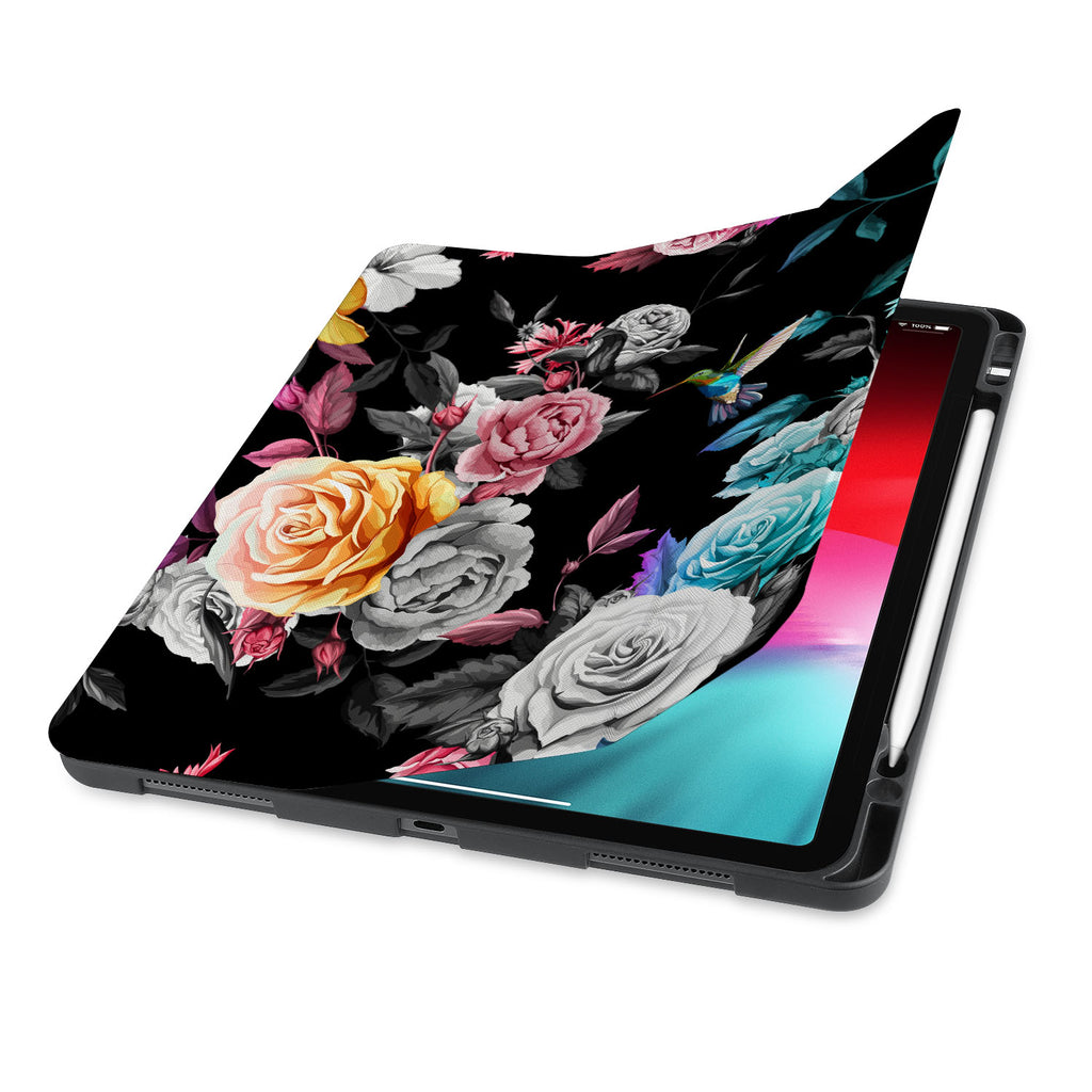 front view of personalized iPad case with pencil holder and Black Flower design