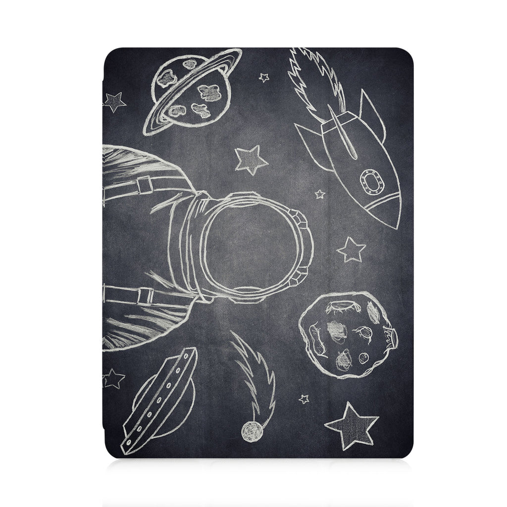 front and back view of personalized iPad case with pencil holder and Astronaut Space design