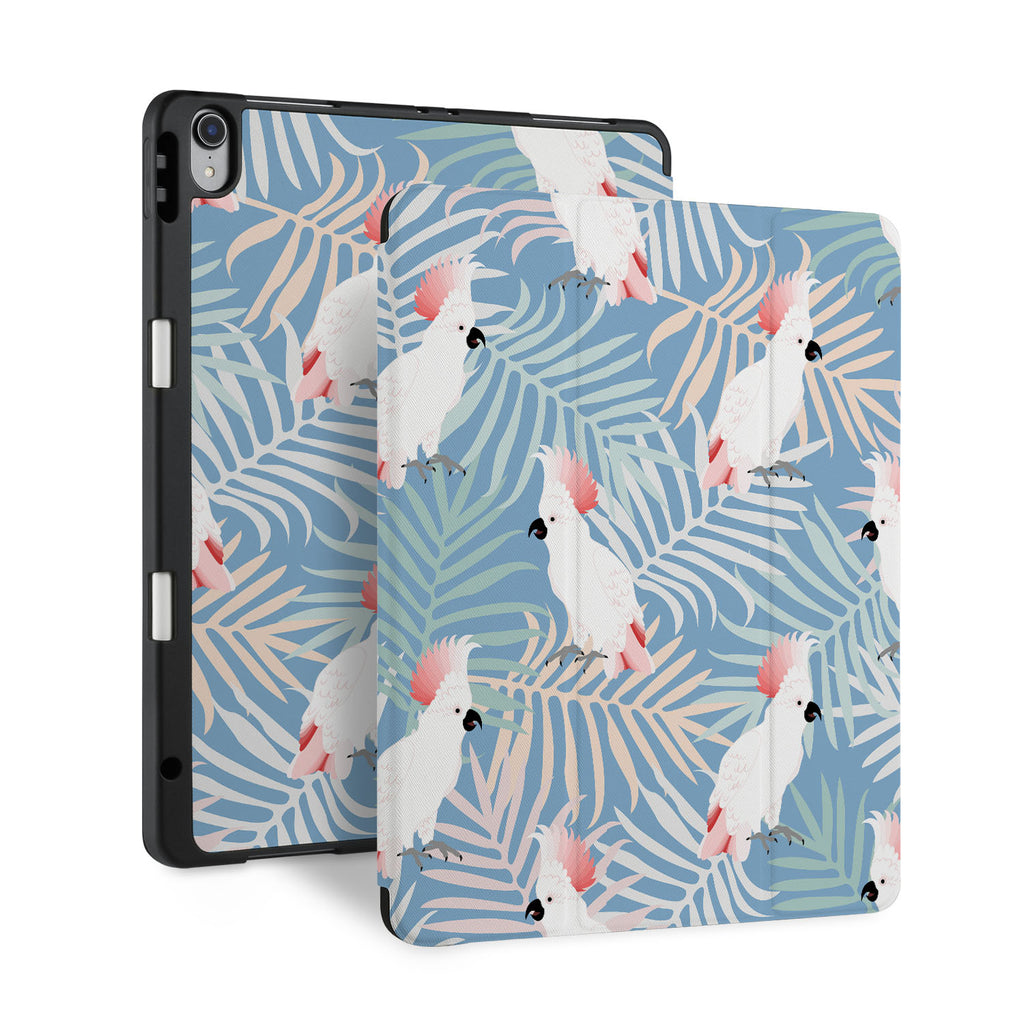 front back and stand view of personalized iPad case with pencil holder and Bird design - swap