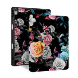 front back and stand view of personalized iPad case with pencil holder and Black Flower design - swap