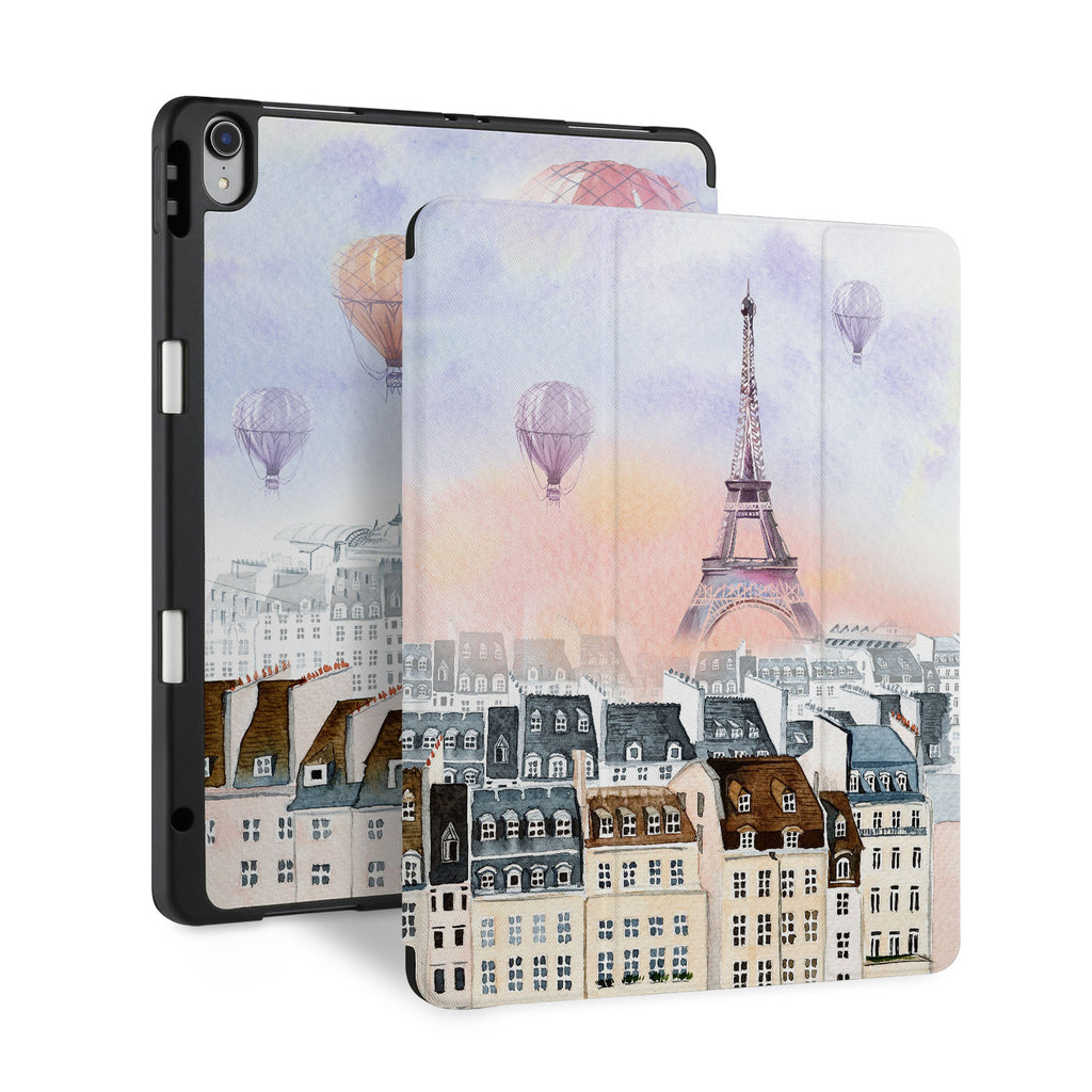 front back and stand view of personalized iPad case with pencil holder and Travel design - swap