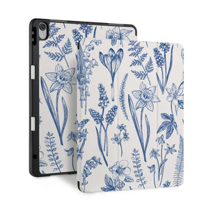 front back and stand view of personalized iPad case with pencil holder and Flower design - swap