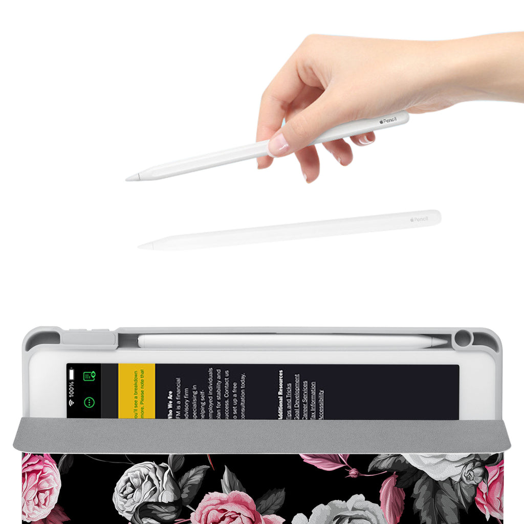 Vista Case iPad Premium Case with Black Flower Design has an integrated holder for Apple Pencil so you never have to leave your extra tech behind. - swap