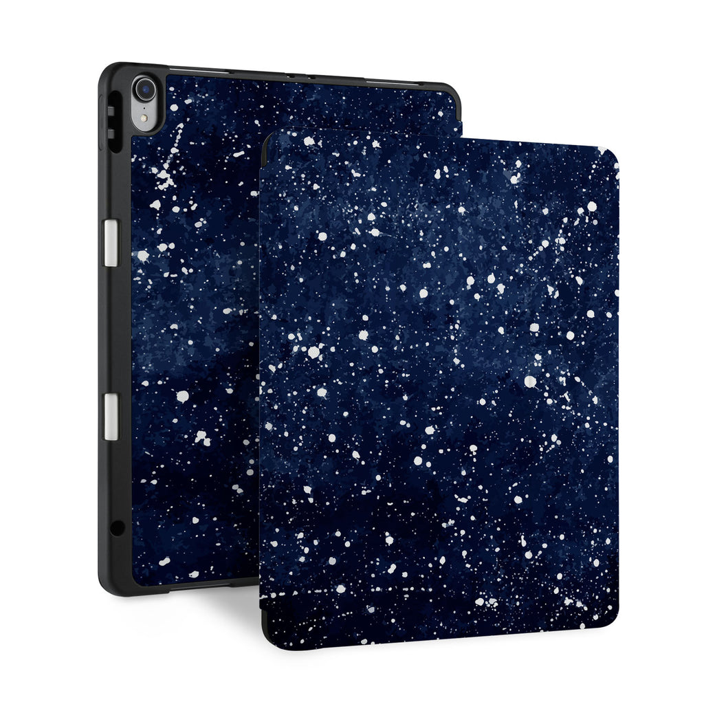 front back and stand view of personalized iPad case with pencil holder and Galaxy Universe design - swap