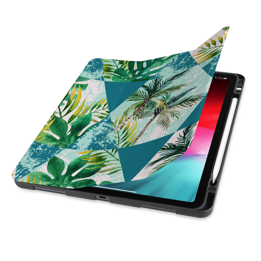 front view of personalized iPad case with pencil holder and Tropical Leaves design