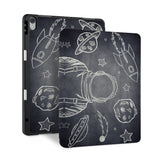 front back and stand view of personalized iPad case with pencil holder and Astronaut Space design - swap