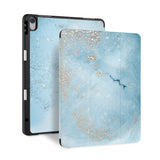 front back and stand view of personalized iPad case with pencil holder and Marble Gold design - swap