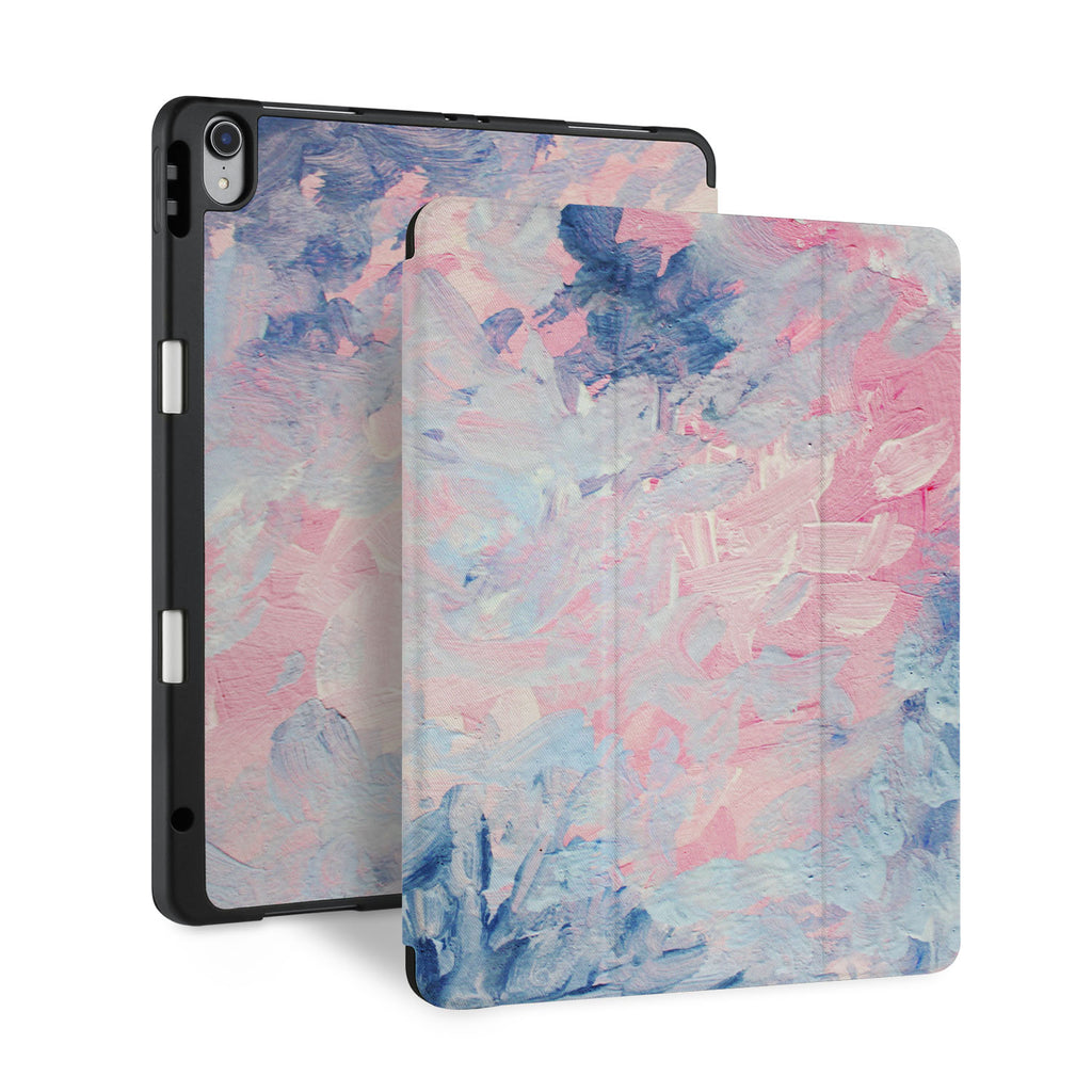 front back and stand view of personalized iPad case with pencil holder and Oil Painting Abstract design - swap