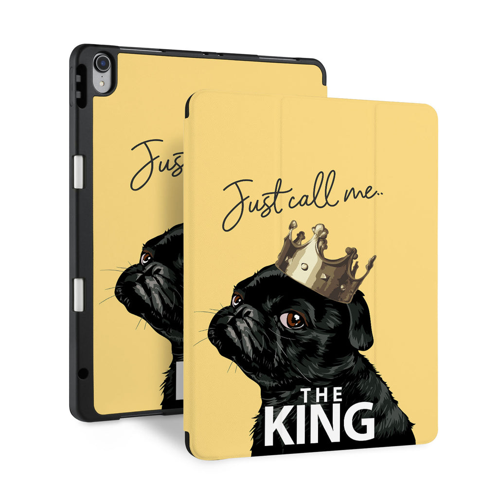 front and back view of personalized iPad case with pencil holder and Dog Fun design