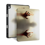 front back and stand view of personalized iPad case with pencil holder and Horror design - swap